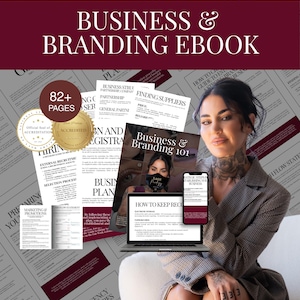 Puede incluir: Un ebook de negocios y branding con el texto "BUSINESS & BRANDING EBOOK" en una pancarta de color rojo oscuro. La portada del ebook es visible, junto con un portátil y un teléfono que muestran el contenido del ebook. También se muestra el texto "82+ PAGES".