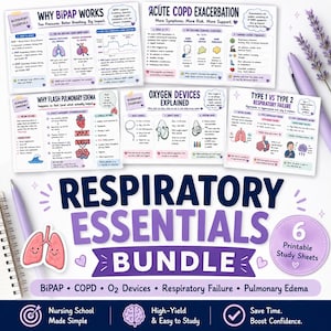 May include: A set of six printable respiratory study sheets titled Respiratory Essentials Bundle. The sheets feature educational diagrams and text covering BiPAP, COPD, pulmonary edema, oxygen devices, and respiratory failure in purple and white.