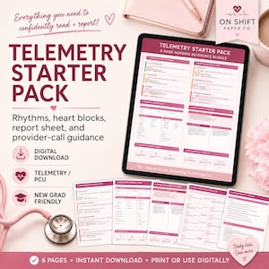 May include: A Telemetry Starter Pack nursing reference bundle featuring a digital tablet displaying six pages of medical information, alongside printed sheets covering heart rhythms, blocks, report forms, and provider-call guidance for nurses.
