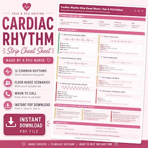 May include: A pink and white Cardiac Rhythm Strip Cheat Sheet, Tele & PCU Edition, with text and diagrams. It includes information on 12 common rhythms, floor nurse scenarios, and when to call. The sheet is designed for quick reference and instant PDF download.