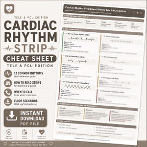 Könnte beinhalten: Ein weißes und beiges Cardiac Rhythm Strip Cheat Sheet für die Tele & PCU Edition. Das Sheet enthält Informationen zu 12 gängigen Rhythmen, wie man Streifen liest, wann man anrufen muss und zu Bodenszenarien.