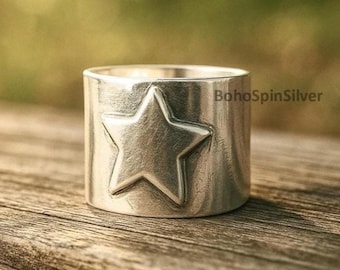 Anello a forma di stella in argento sterling 925, anello a fascia larga in argento, anello fatto a mano, anello a forma di stella unico, anello massiccio, anello minimalista, anello in argento boho