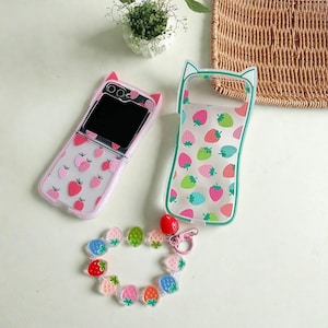 Cute Strawberry Bracelet Case for Samsung Galaxy Z Flip 6 5 4 3 | Cat Ears Shockproof Cover