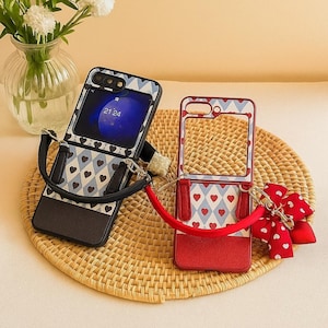 Heart Bow Faux Leather Phone Case with Wrist Strap: Motorola Razr & Samsung Z Flip