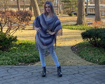 Gray, Ombre Striped, Oversized Poncho