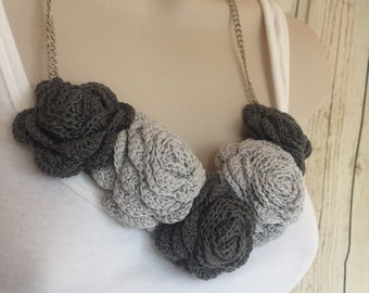 Light and Dark Grey Crochet Rose Necklace