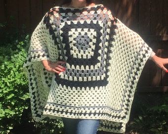 Extra Soft Hippie Girl Poncho in Ivory, Black and Gray