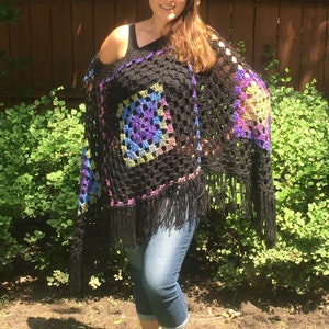 Stylish Boho Granny Square Poncho with Black Fringe