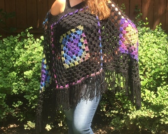 Stylish Boho Granny Square Poncho with Black Fringe