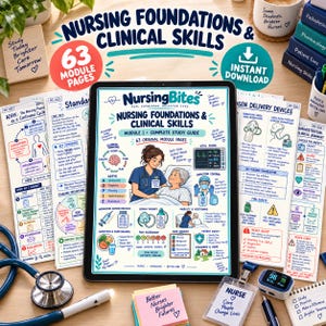 May include: A digital tablet displays a Nursing Foundations and Clinical Skills study guide with 63 module pages. The screen features illustrations of a nurse and patient, medical diagrams, and text. Surrounding items include a stethoscope, pulse oximeter, and notes.