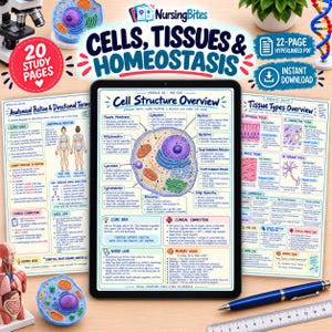 Puede incluir: Una tableta digital muestra una guía de estudio titulada Cells, Tissues & Homeostasis, con un diagrama detallado de la estructura celular con etiquetas para orgánulos, junto con páginas de resumen sobre anatomía y tejidos.