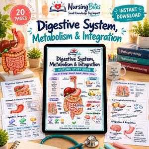 May include: A digital tablet displays a NursingBites study guide titled Digestive System, Metabolism & Integration. The screen shows anatomical diagrams and metabolic pathways. Surrounding the tablet are printed study pages, a stethoscope, and a mug.