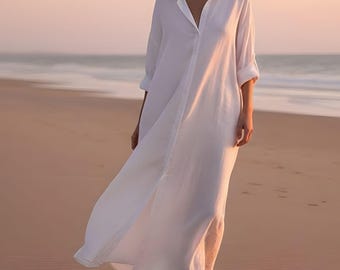 Oversized Cotton Linen Shirt Dress – Breathable Button Down Midi, Casual Summer Beach Dress