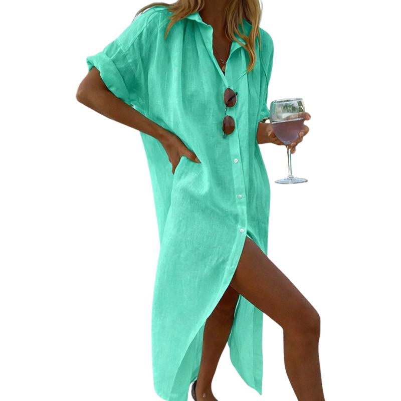 Linen Shirt Dress Women Button up Midi Dress Long Sleeve Cotton Linen ...
