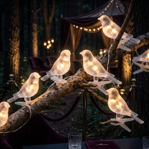 May include: A string of decorative bird-shaped lights featuring translucent, frosted white plastic bodies. Each bird contains a warm glowing light bulb inside and is attached to a clear plastic clip for mounting onto branches or other surfaces.