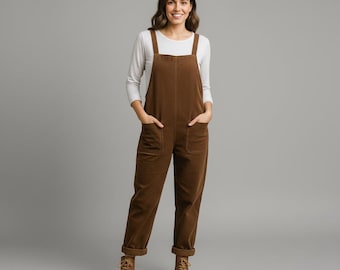Casual Corduroy Bib Overalls Women Handmade Baggy Harem Jumpsuit Pants Winter Brown Overalls