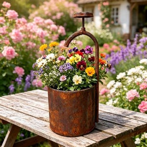 May include: A cylindrical, rusted metal planter featuring an attached, arched metal handle with a screw-top detail. The planter is filled with a vibrant arrangement of multicoloured flowers, including yellow, white, purple, and orange blossoms.