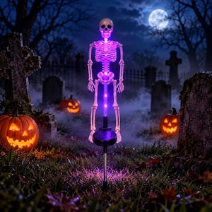 ハロウィン好きのためのソーラー式骸骨ガーデンステークライト、紫色の光で不気味な屋外庭装飾