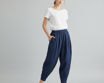 Pantaloni a gamba larga in cotone e lino, con elastico in vita, taglie forti.