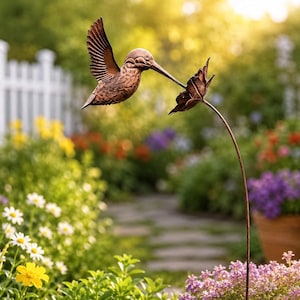 May include: A copper-colored metal garden stake featuring a hummingbird in flight with its beak touching a flower. The bird has detailed wing feathers and a textured body, mounted on a thin, curved metal stem that extends from the ground.