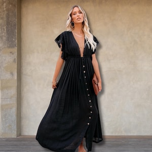 Boho Maxi Dress Beach Cover Up Summer Maxi Vacation Dress Deep V Flowy Button Down Black Ruffle Sleeve Resort Style Lightweight Dress