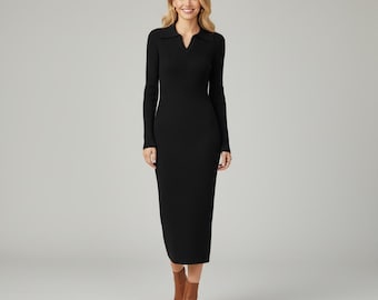 Black Knit Midi Dress - Long Sleeve Ribbed A-line Sweater Dress With Belt -  Etsy