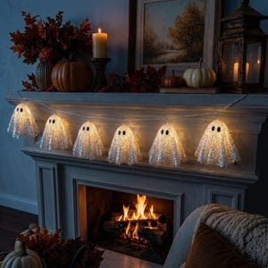 2,1 m Rete luminosa a forma di fantasma sospesa, luce bianca calda, a batteria, decorazione di Halloween, IP44, per interni ed esterni, feste, portico e giardino.