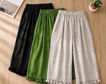Women Linen Wide Leg Pants With Ruffle Hem | Cottagecore Loose Summer Pants | Elastic Waist Casual Trousers | Minimalist Boho Pants
