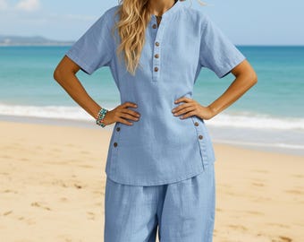 Tweedelige set dames linnenmix boho broek met wijde pijpen en tuniektop, gecombineerde zomeroutfit, casual strandloungewear