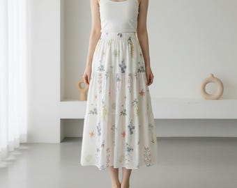 French Floral Pleated Skirt for Girls, Elastic Waist Mid-Length A-Line Skirt, Sweet Girly Style Summer Skirt