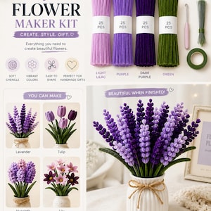 Può includere: Un kit fai-da-te per creare fiori con quattro fasci di scovolini in ciniglia color lilla chiaro, viola, viola scuro e verde, ciascuno da 25 pezzi. Include un uncinetto, filo metallico verde e nastro per creare lavanda, tulipani, giacinti e gigli.