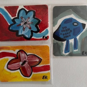 Jeu de trois cartes d'art australien originales de 10,5 x 15 cm peintes à la main