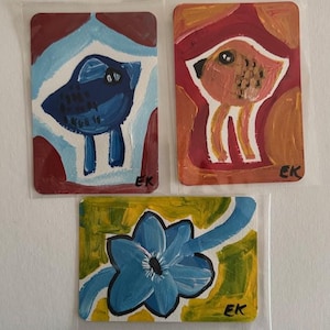 Jeu de trois cartes d'art australien originales de 10,5 x 15 cm peintes à la main