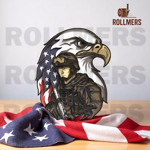 File di taglio laser con aquila americana e soldato - Design CNC SVG DXF patriottico