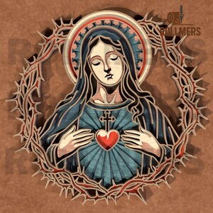 Sacro Cuore di Maria con Corona di Spine - File religioso a strati tagliato al laser