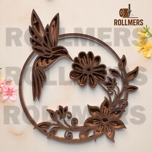 Letrero redondo de colibrí floral / Arte natural en capas 3D / Archivo SVG para Glowforge y CNC