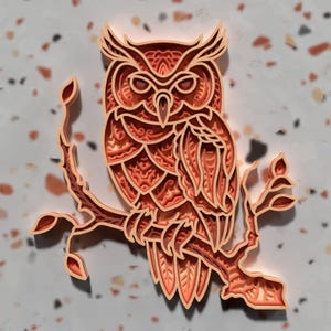 Gufo su ramo SVG / Arte murale a strati 3D / File tagliato al laser per CNC e Glowforge