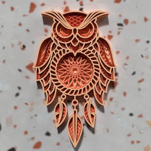 Atrapasueños de búho SVG / Arte de pared bohemio en capas 3D / Archivo cortado con láser para CNC y Glowforge