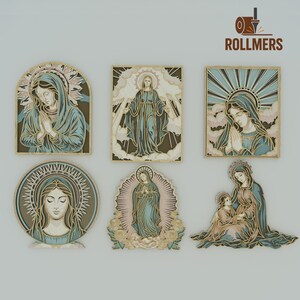 Bundel met gelaagde kunst Maagd Maria - CNC lasergesneden digitale bestanden voor religieus houtdecor