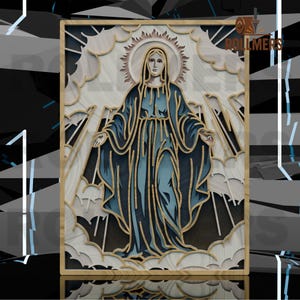 Vergine Maria tra le nuvole, opera d'arte in legno stratificato - file digitale tagliato al laser CNC