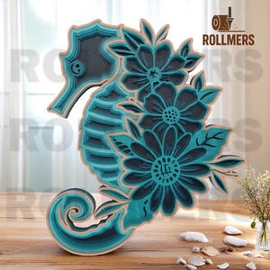 Archivos cortados con láser de caballito de mar con flores: animales del océano SVG, DXF, EPS