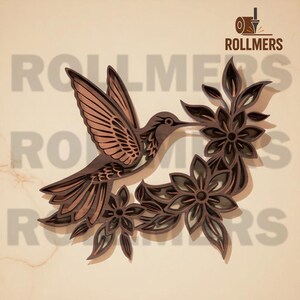 Colibrí y flores SVG / Arte mural natural 3D para corte láser / Patrón en capas para Glowforge