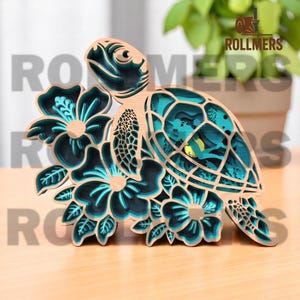 Superposition de tortues et de fleurs SVG - design découpé au laser sur le thème de l'océan
