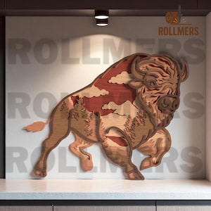 Bison Mountain Scene SVG | 3D Layered Wall Art | Rustic CNC File for Glowforge
