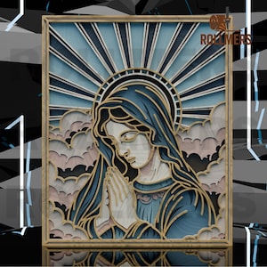Vergine Maria in preghiera, opera d'arte in legno stratificato con nuvole - File digitale tagliato al laser CNC