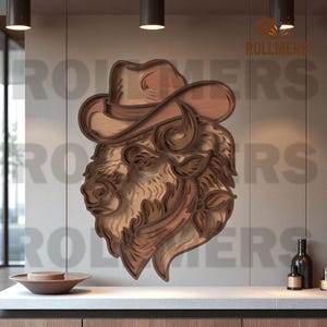 Bison with Cowboy Hat SVG | 3D Layered Western Wall Art | Rustic CNC File for Glowforge