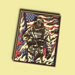 Soldado estadounidense con bandera estadounidense SVG / Archivo láser en capas 3D / Arte mural militar patriótico para CNC