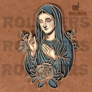 File di taglio laser della Vergine Maria con rose - Arte CNC religiosa cristiana SVG
