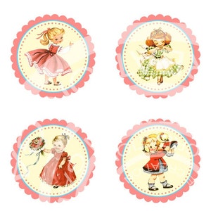 Printable Digital Vintage Girl Birthday Tea Party Celebrate Children Cupcake Cake Topper Circle Labels Sticker Gift Tag Sheet Images Sh083 image 2