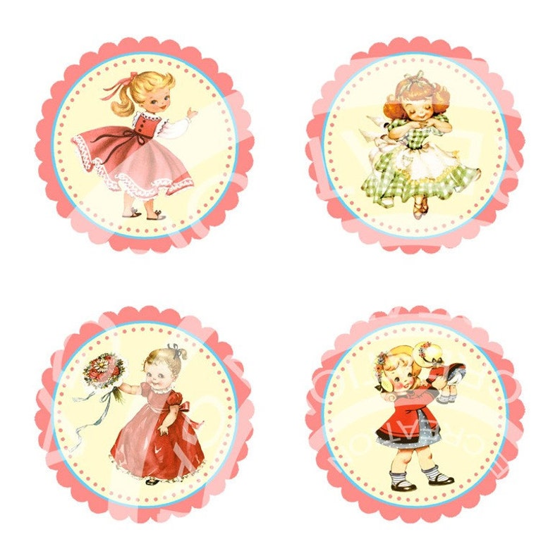 Printable Digital Vintage Girl Birthday Tea Party Celebrate Children Cupcake Cake Topper Circle Labels Sticker Gift Tag Sheet Images Sh083 image 2